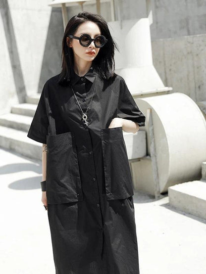 French Lapel Large Poeckets Cotton Summer Dresses Photography Black Dresses