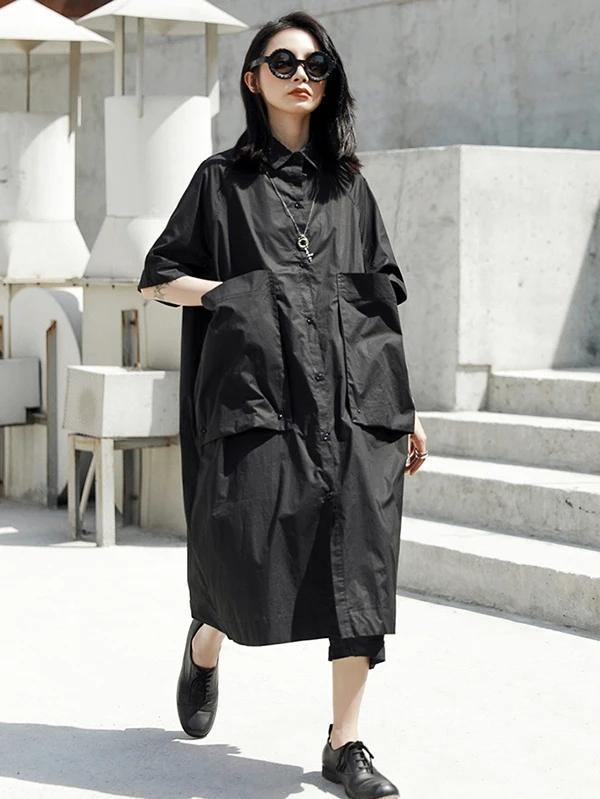 French Lapel Large Poeckets Cotton Summer Dresses Photography Black Dresses