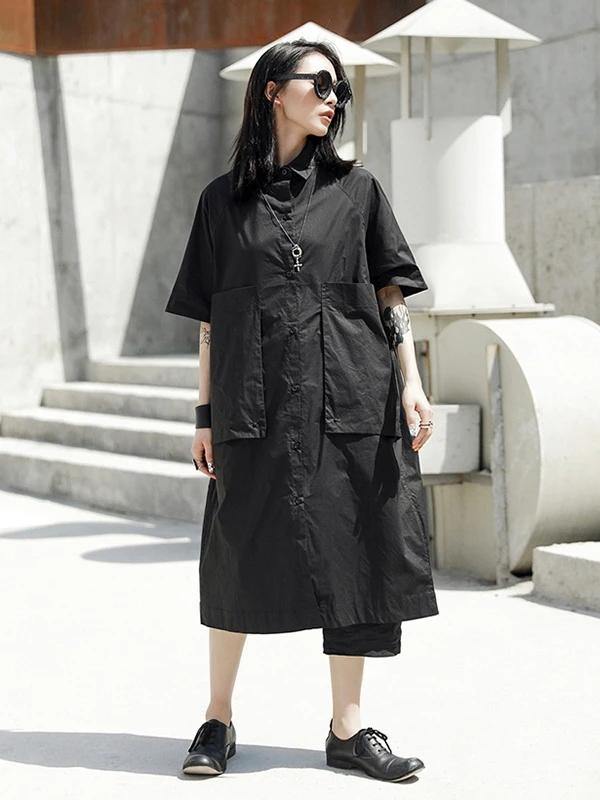 French Lapel Large Poeckets Cotton Summer Dresses Photography Black Dresses