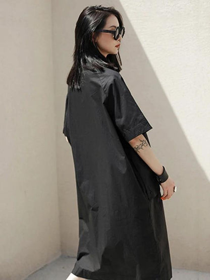French Lapel Large Poeckets Cotton Summer Dresses Photography Black Dresses