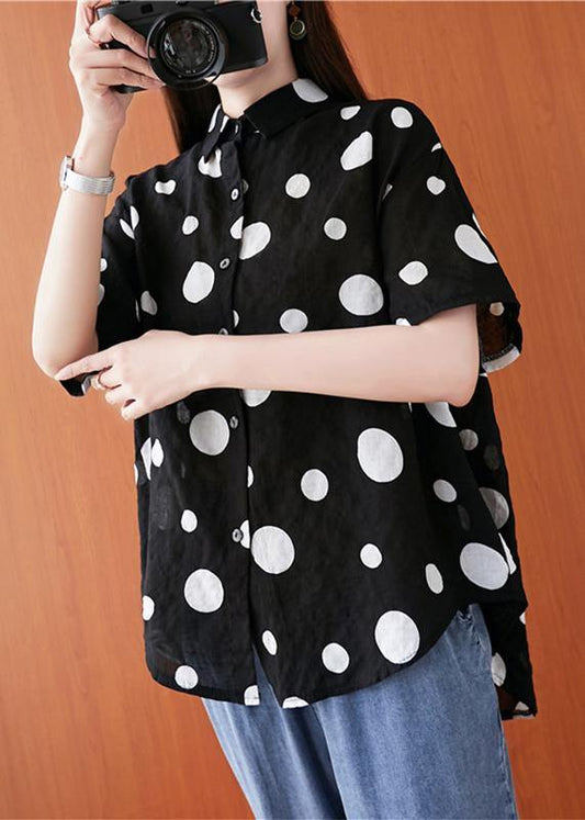 French Lapel Asymmetric Chiffon Tunic Top Black Dotted Daily Blouses