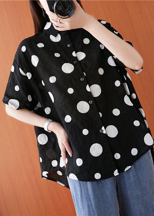 French Lapel Asymmetric Chiffon Tunic Top Black Dotted Daily Blouses