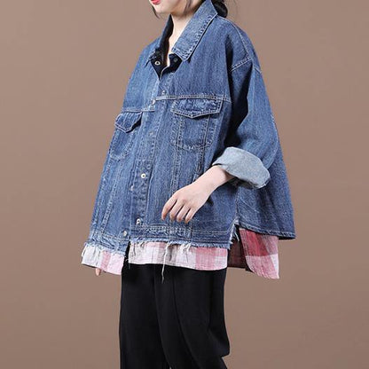 French Lapel Patchwork Fine Fall Clothes for Denim Blue Dresses Coats