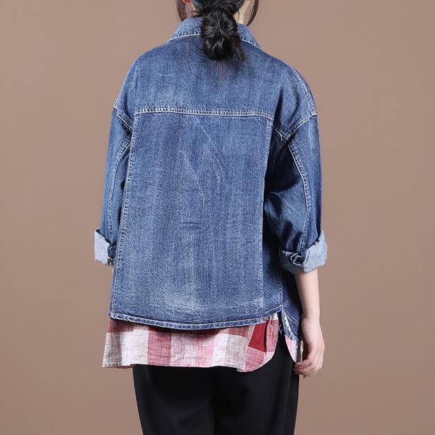 French Lapel Patchwork Fine Fall Clothes for Denim Blue Dresses Coats