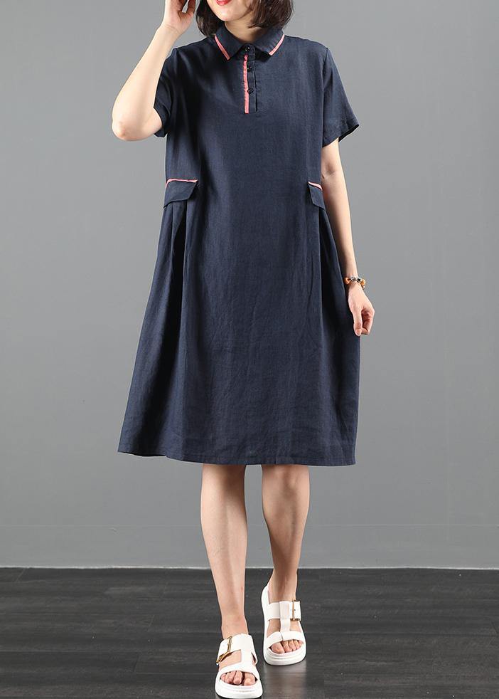 French Lapel Patchwork Summer Clothes Work Navy Dress