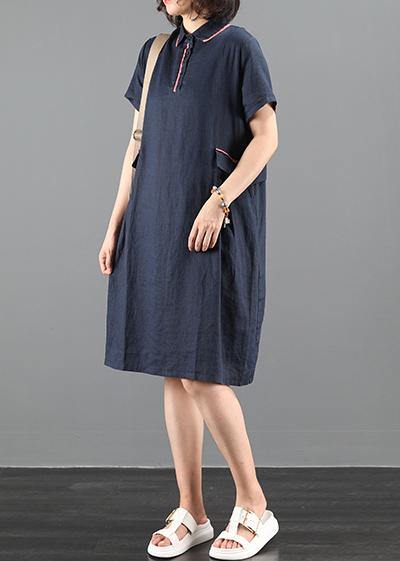 French Lapel Patchwork Summer Clothes Work Navy Dress