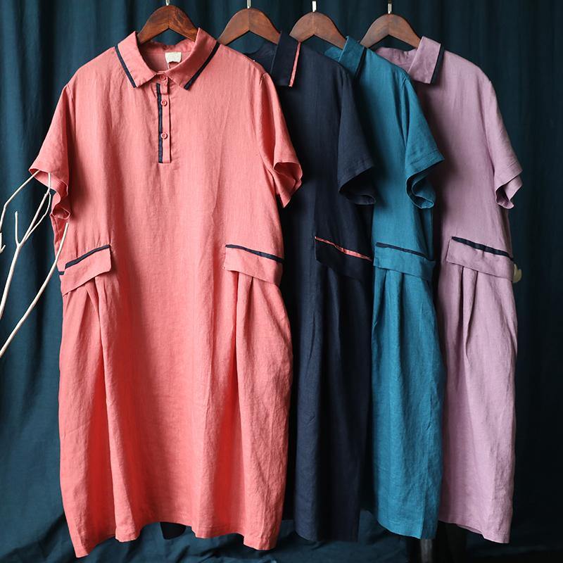 French Lapel Patchwork Summer Clothes Work Navy Dress