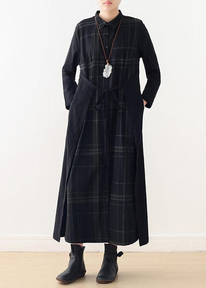 French Lapel Tie Waist Cotton Dress Fitted Shirts Black Plaid Cotton Dress Spring