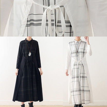 French Lapel Tie Waist Cotton Dress Fitted Shirts Black Plaid Cotton Dress Spring