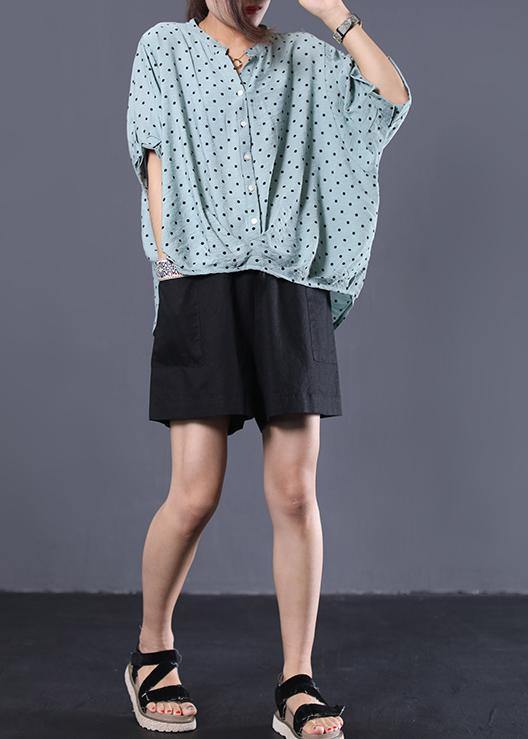 French Light Blue Asymmetric Dotted Cotton Shirts V Neck Loose Summer Tops