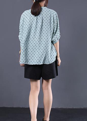 French Light Blue Asymmetric Dotted Cotton Shirts V Neck Loose Summer Tops