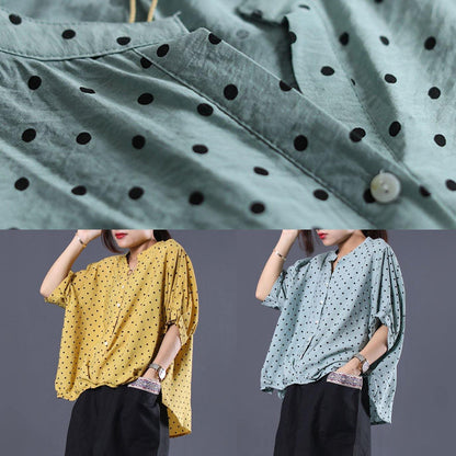 French Light Blue Asymmetric Dotted Cotton Shirts V Neck Loose Summer Tops