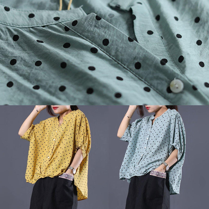 French Light Blue Asymmetric Dotted Cotton Shirts V Neck Loose Summer Tops