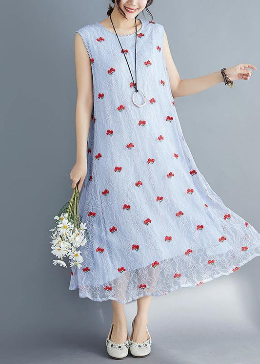 French Light Blue Lace Clothes for Sleeveless Dresses Embroidery Summer Dress