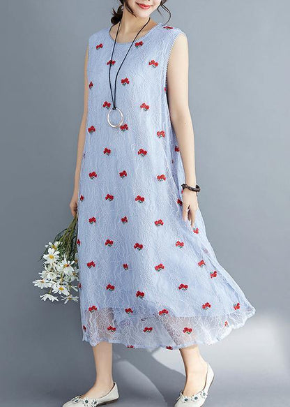French Light Blue Lace Clothes for Sleeveless Dresses Embroidery Summer Dress