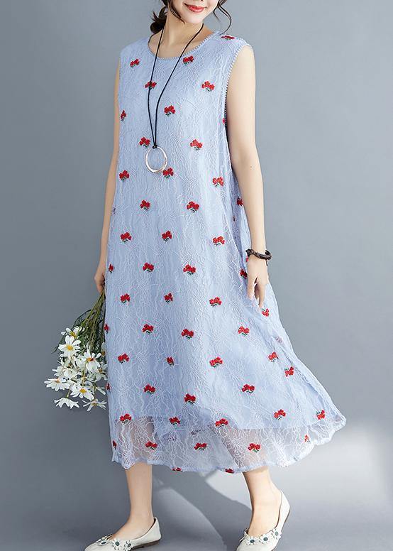French Light Blue Lace Clothes for Sleeveless Dresses Embroidery Summer Dress