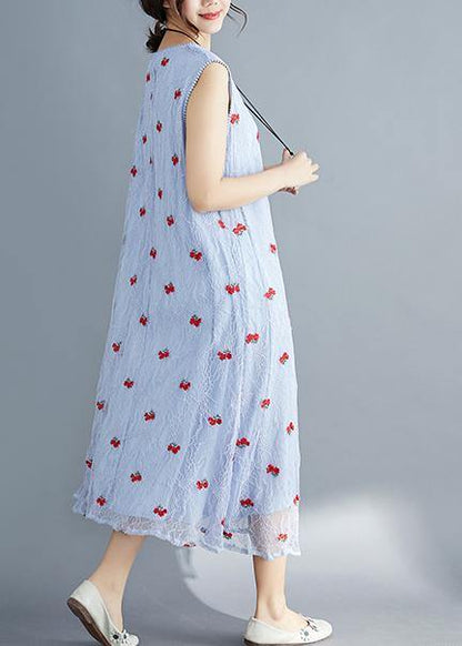 French Light Blue Lace Clothes for Sleeveless Dresses Embroidery Summer Dress