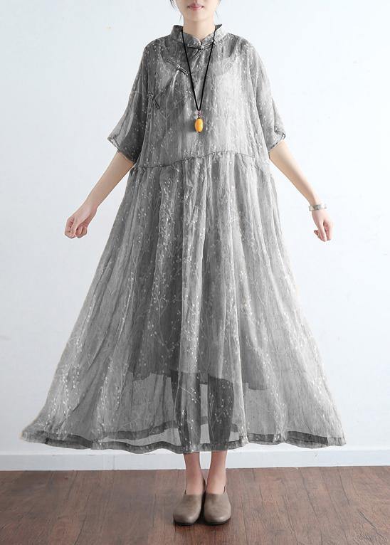 French Light Gray Cotton Dresses Mom Inspiration Stand Collar Art Summer Dress