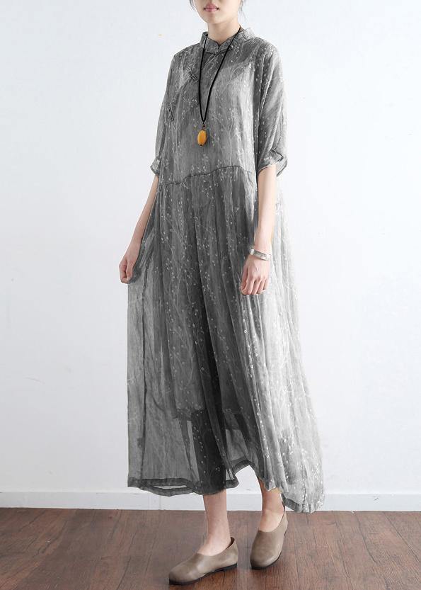 French Light Gray Cotton Dresses Mom Inspiration Stand Collar Art Summer Dress