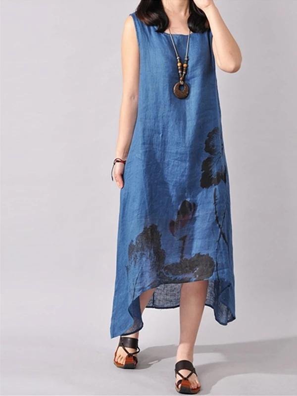 French Light Gray Print Cotton Linen Soft Surroundings O Neck Sleeveless Dresses