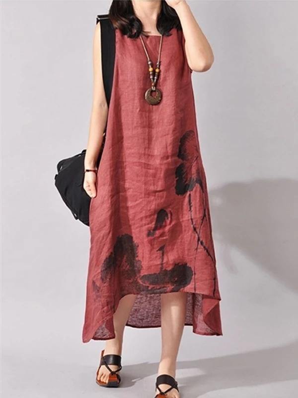 French Light Gray Print Cotton Linen Soft Surroundings O Neck Sleeveless Dresses