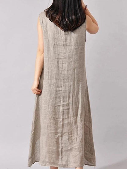 French Light Gray Print Cotton Linen Soft Surroundings O Neck Sleeveless Dresses
