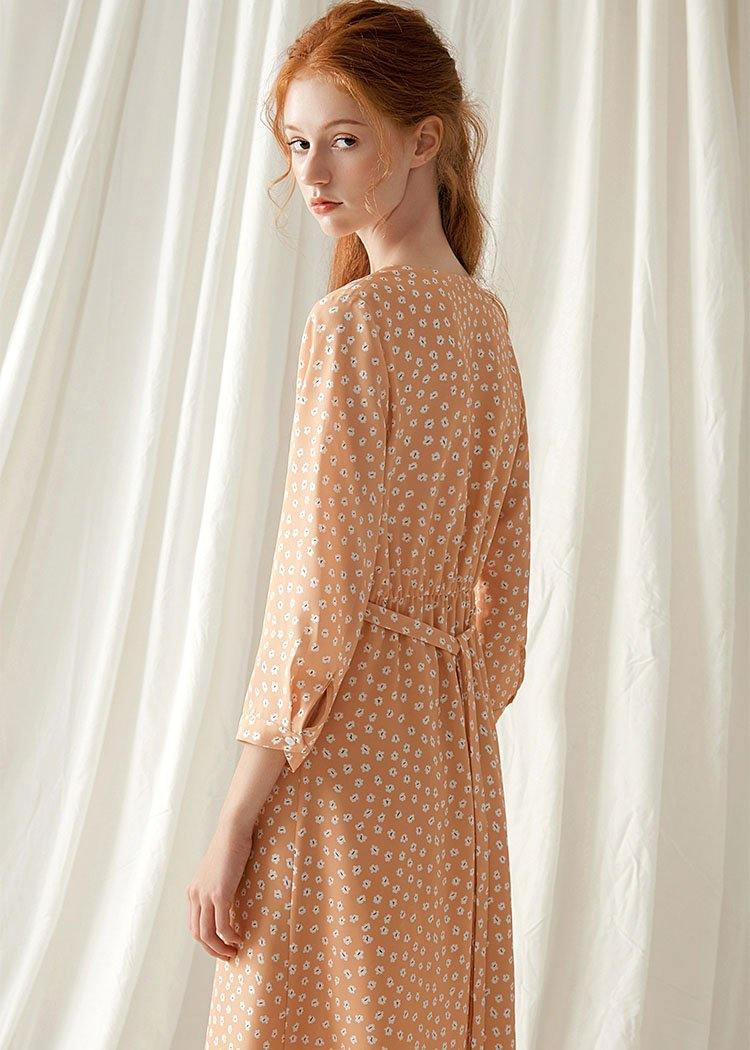 French Light Orange Blended Outfit Tie Waist Traveling Fall Dresses