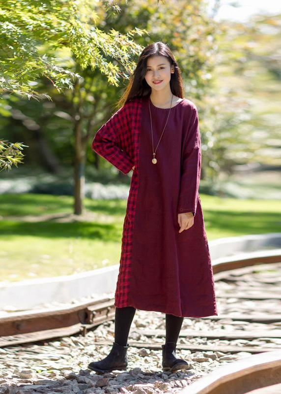 French Linen Robes Metropolitan Museum Plaid Spliced Long Sleeve Midi Dress