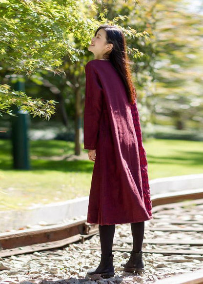 French Linen Robes Metropolitan Museum Plaid Spliced Long Sleeve Midi Dress