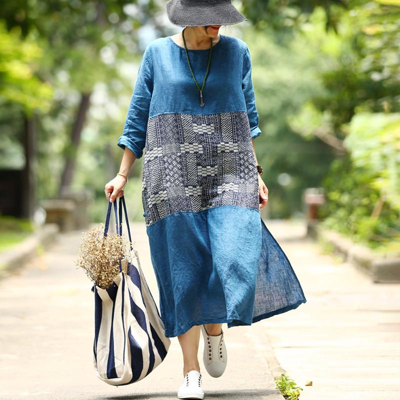 French Linen Dress Long Sleeve Slit Pullover Dress