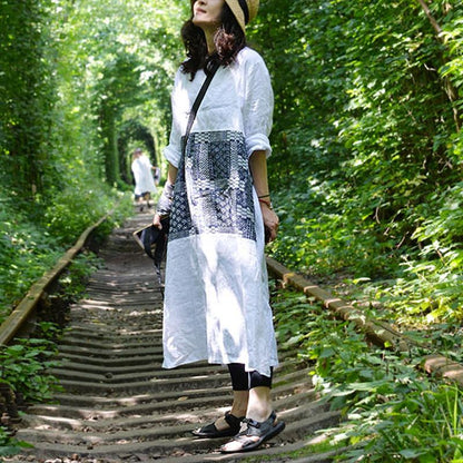 French Linen Dress Long Sleeve Slit Pullover Dress