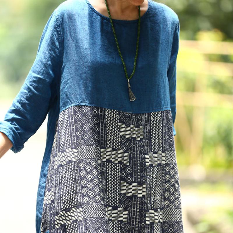 French Linen Dress Long Sleeve Slit Pullover Dress