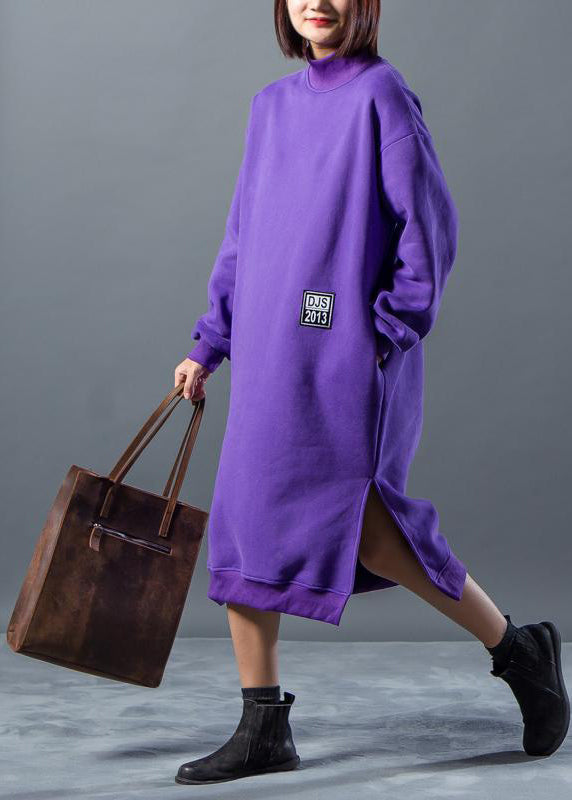 French Linen Quilting Dresses Omychic Letter Character Print Split Winter Dress