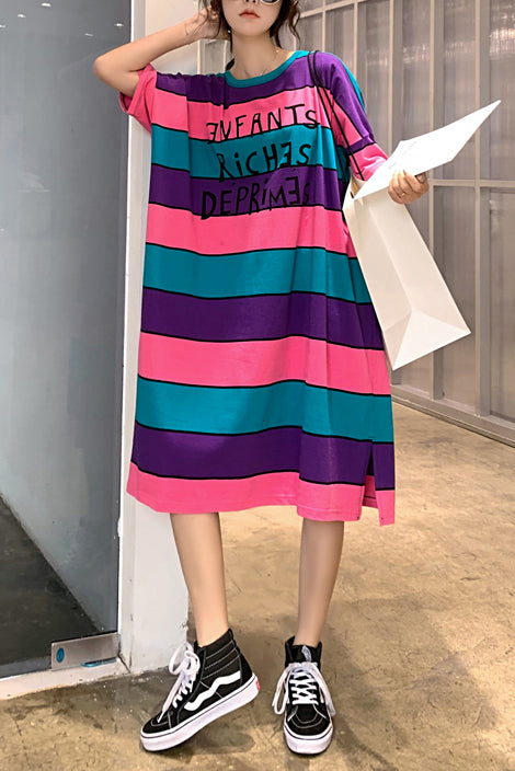 French Multicolor Cotton Quilting Dresses Neckline O Neck Side Open Shift Summer Dress