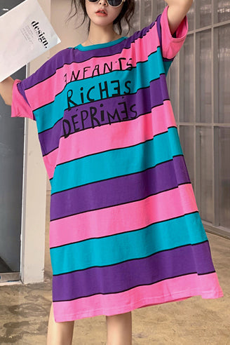 French Multicolor Cotton Quilting Dresses Neckline O Neck Side Open Shift Summer Dress