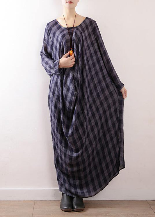 French Navy Plaid Cotton Clothes Asymmetric Art Autumn Dresses