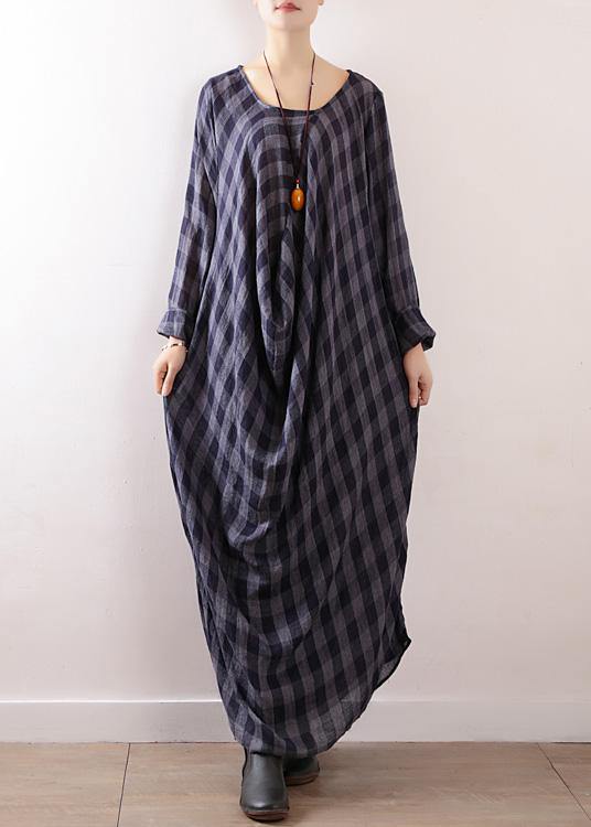 French Navy Plaid Cotton Clothes Asymmetric Art Autumn Dresses
