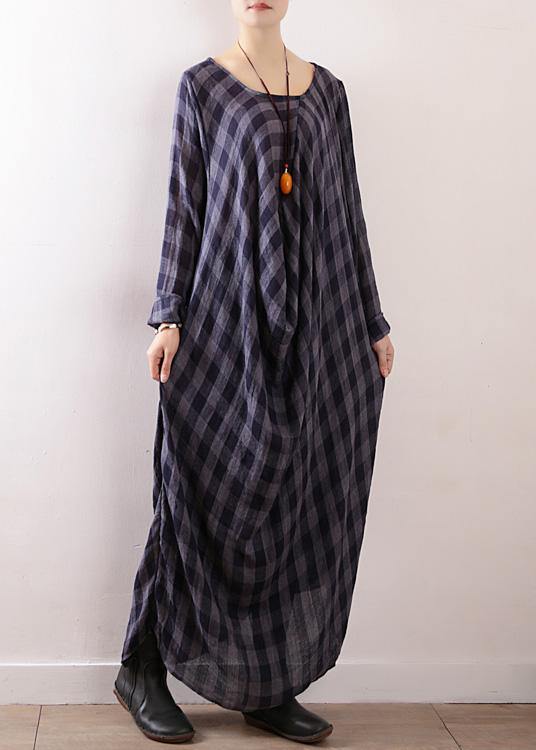 French Navy Plaid Cotton Clothes Asymmetric Art Autumn Dresses