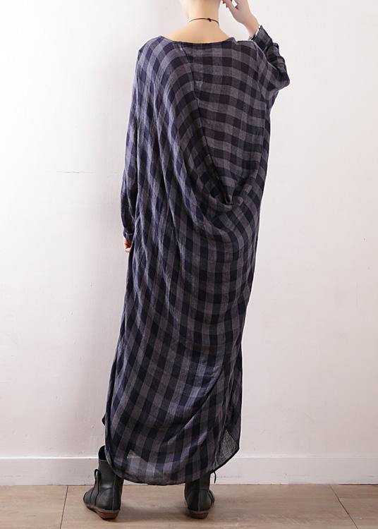 French Navy Plaid Cotton Clothes Asymmetric Art Autumn Dresses
