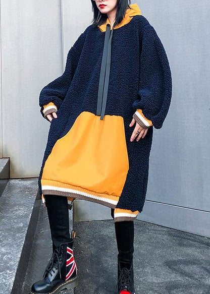 French navy top hooded drawstring Plus Size Clothing fall blouses