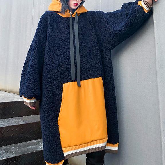 French Navy Top Hooded Drawstring Clothing Fall Blouses