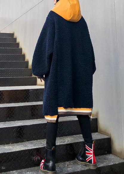 French navy top hooded drawstring Plus Size Clothing fall blouses