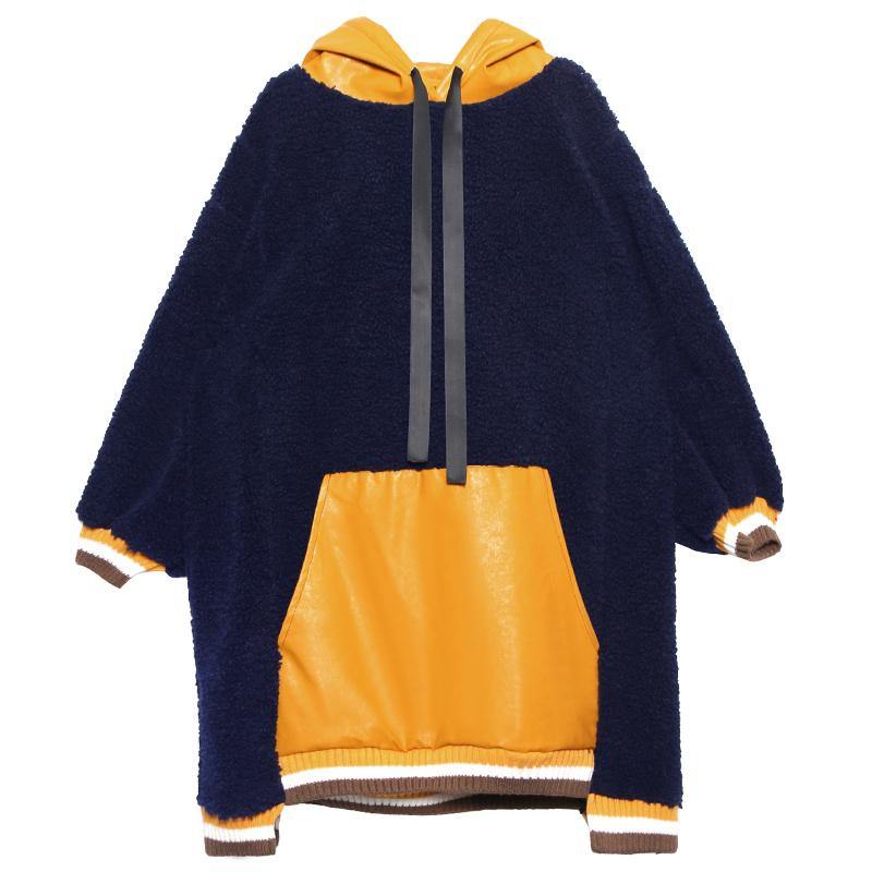 French Navy Top Hooded Drawstring Clothing Fall Blouses