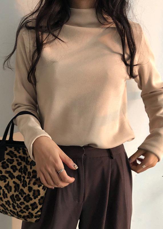 French Nude Cotton Tunic Top High Neck Dresses Thick Shirts