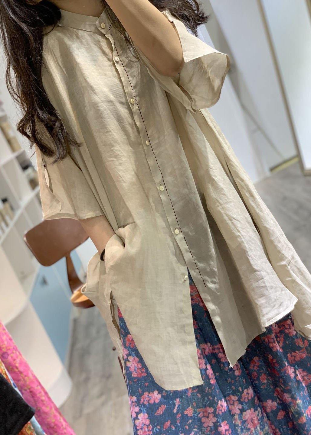 French Nude Stand Collar Linen Clothes for Low High Design Shirt Dress