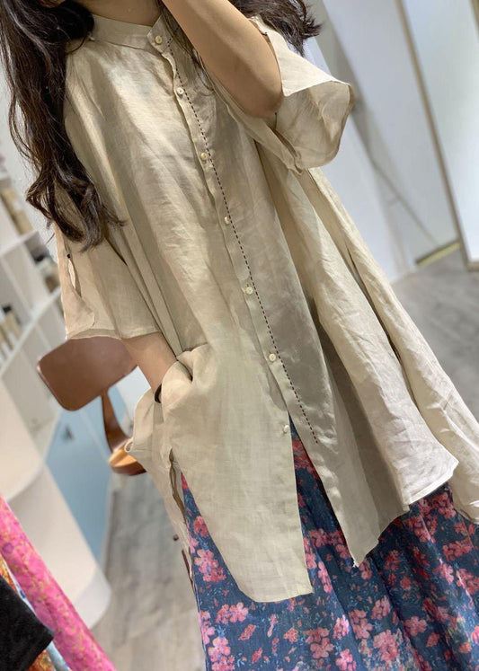French Nude Stand Collar Linen Clothes for Low High Design Shirt Dress