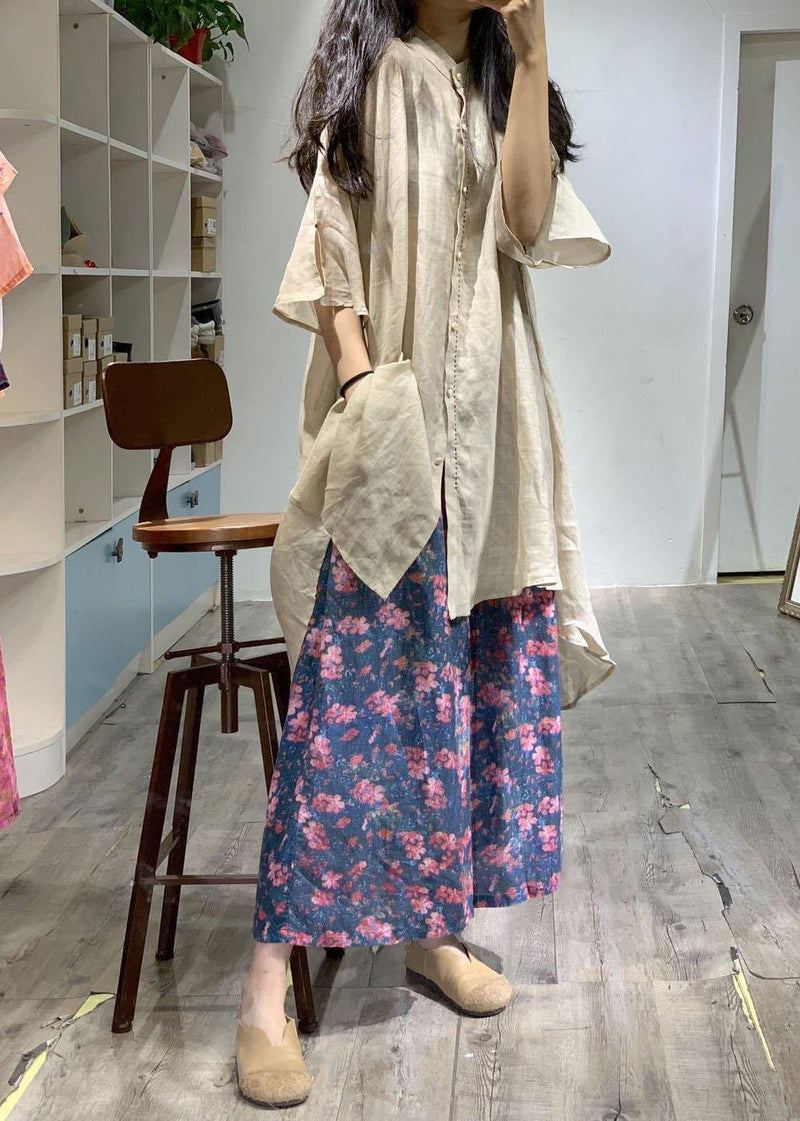 French Nude Stand Collar Linen Clothes for Low High Design Shirt Dress