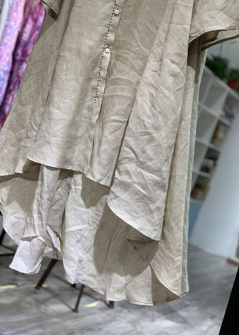 French Nude Stand Collar Linen Clothes for Low High Design Shirt Dress