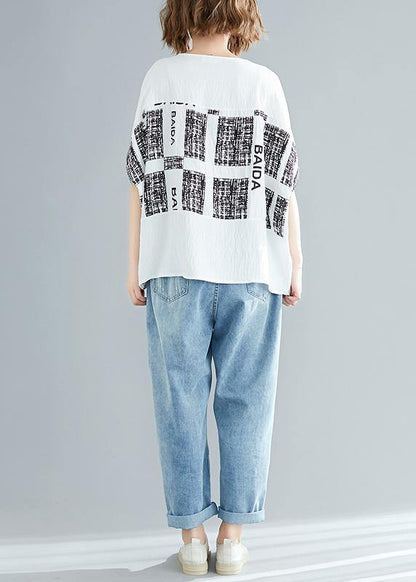 French O Neck Batwing Sleeve Blouse Fine Cotton White Plaid Dresses Top Summer