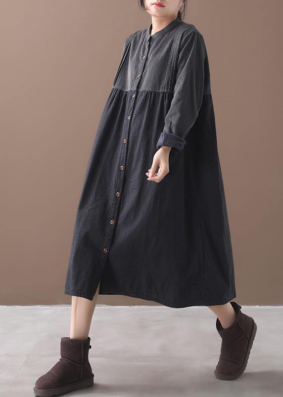 French O Neck Button Patchwork Black Plaid Dress